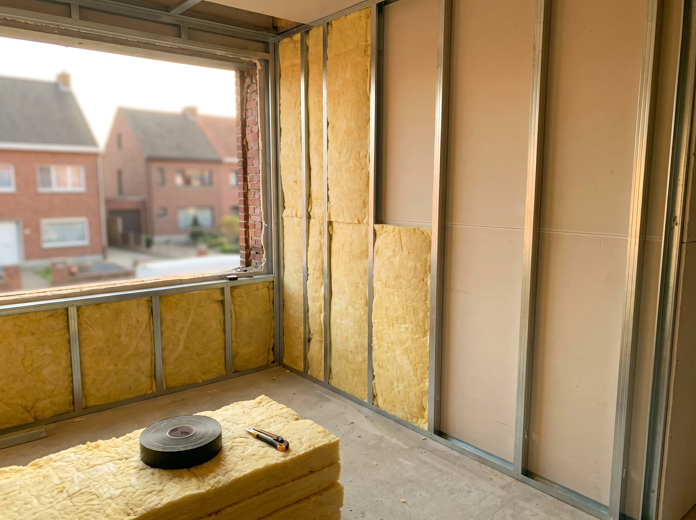 Binnenafwerking met thermische isolatie in een ruimte tijdens renovatie