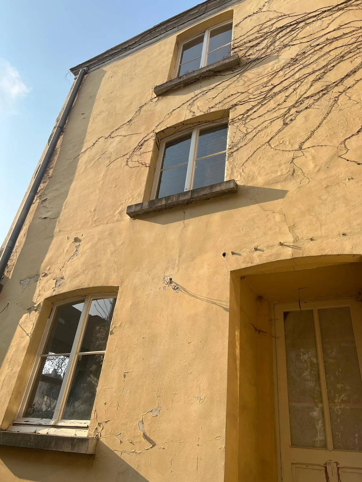 Gevelrenovatie van een gele muur met uitgesleten pleisterwerk en ramen
